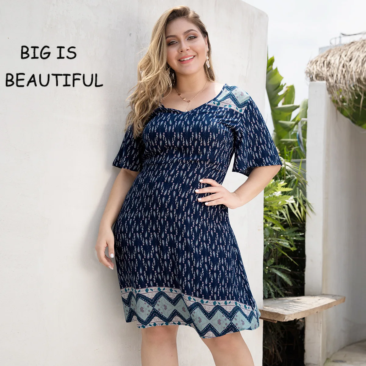

Plus Size Women V Neck Short Sleeve Print Midi Dress Ladies Beach Knee Length Bodycon Dress Women's Large Casual Summer Dresses