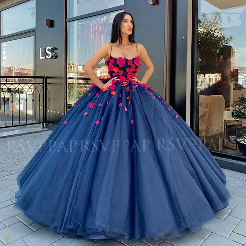 

Long Evening Dress 2020 Puffy New Arrival Spaghetti Strap Dubai Arabic Women Navy Blue Flowers Formal Evening Gowns