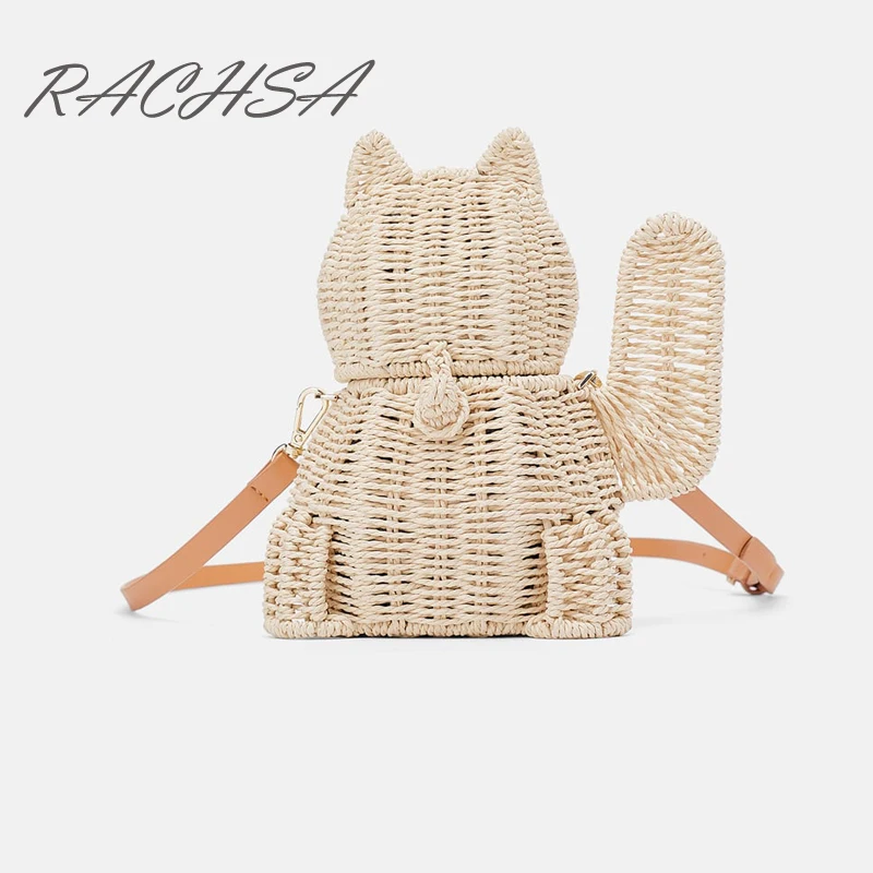 Women Summer Rattan Beach Bag Adjustable Vintage Raffia Cat Mini Crossbody Bag Simple Weave Tote Handbags Bohemia Shoulder Bag