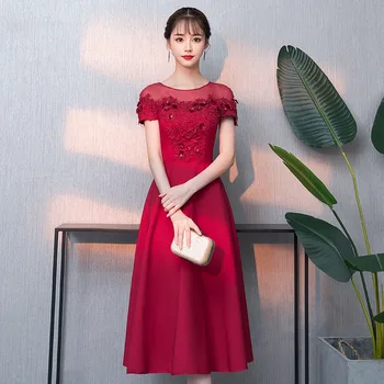 

Summer Short Sleeve A Line Evening Dress Appliques Floral Prom Party Gowns Robe De Soiree Elegant Chinese Bride Dresses 06595