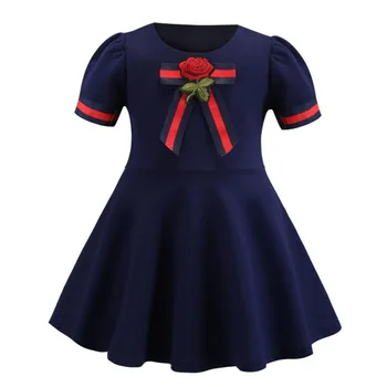 

Bongawan Girls Dresses Rose Decoration College Style Summer Kids Fashion Blue O-neck Birthday Party 4-10 Years Girls Clothes