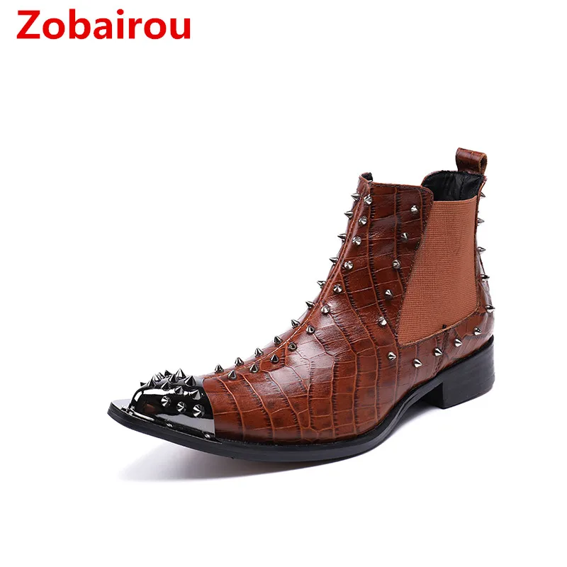 

Zobairou large size winter shoes men genuine leather studded military boots botas hombre flats pointy toe cowboy boots mens