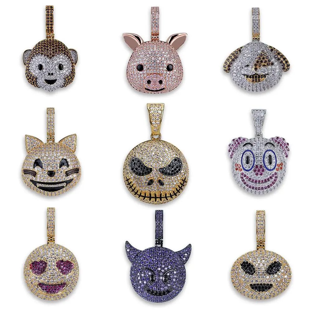 

Fashion Character Emoji Iced Out Cubic Zircon Necklaces & Pendants Men's Hip Hop Bling CZ Charm Chains Jewelry Necklaces Gifts