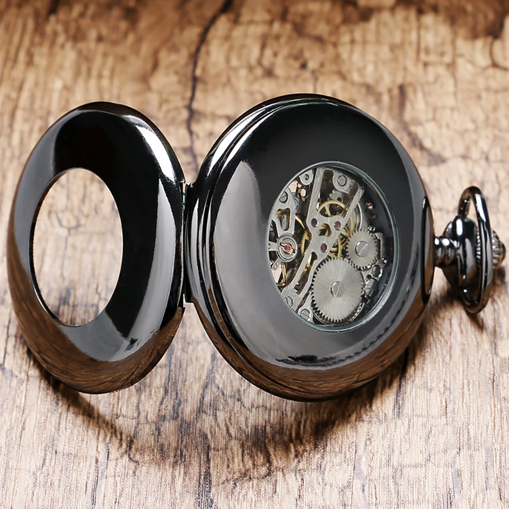 Гладкий черный Half Hunter Механические карманные часы с автоподзаводом синий римскими цифрами Дисплей циферблат Винтаж кулон карманные часы мужской