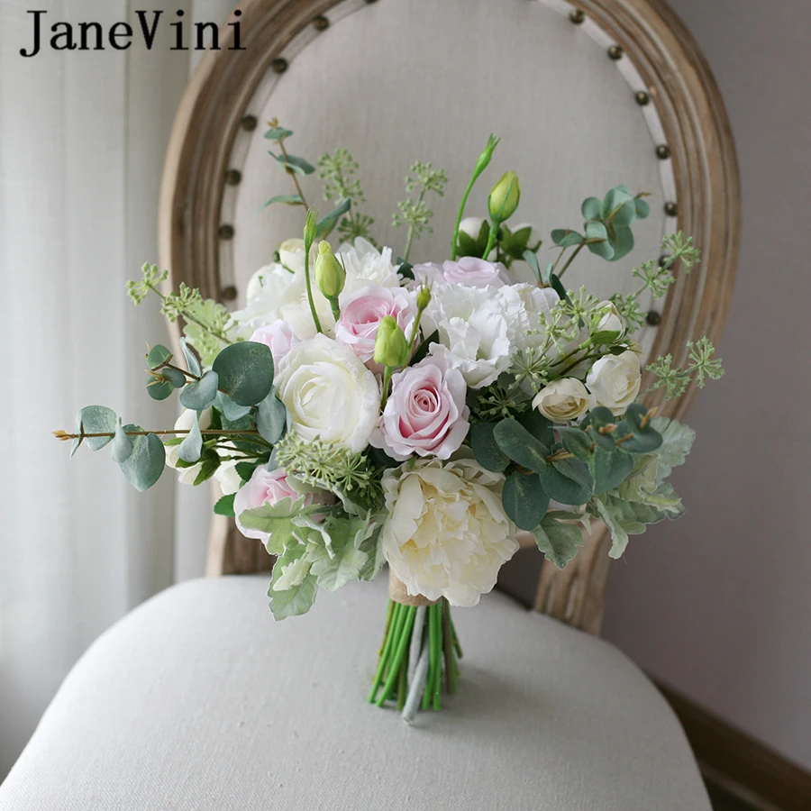 

JaneVini New Pink Wedding Bouquets White Peony Garden Bridal Flowers Artificial Silk Rose Bouquet Mariage Wedding Accessories