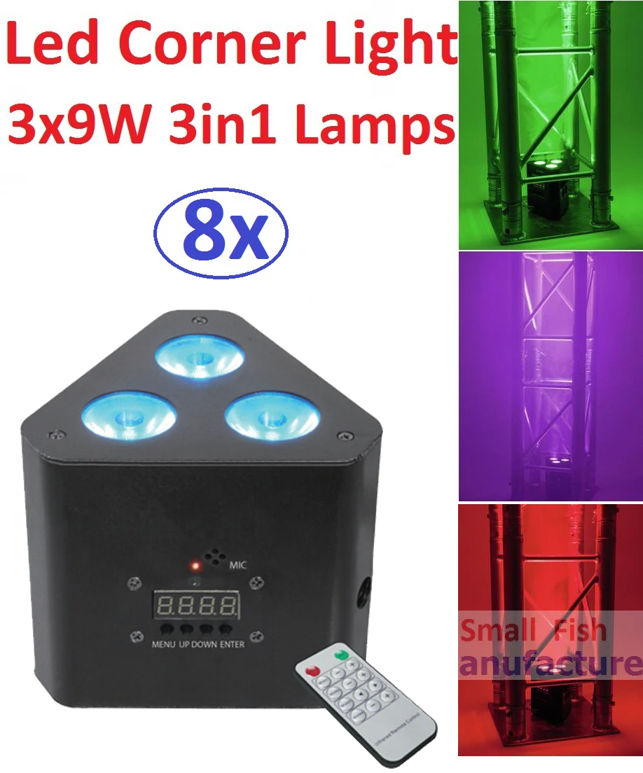 

8xLot Led Mini Corner Light 3x9W 3in1 RGB Professional Stage Effect Lighting 30W Led Par DJ Disco DMX Laser Projector IR Remote