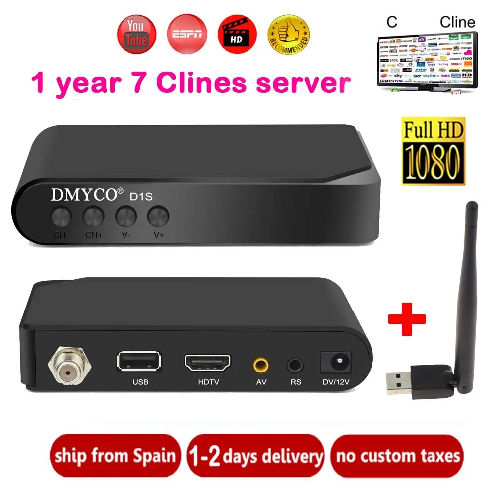 

Satellite TV Receiver decoder D1S HD DVB-S2 lnb with 7 cables Europe portugal Spain C-line account support powervu Receptor