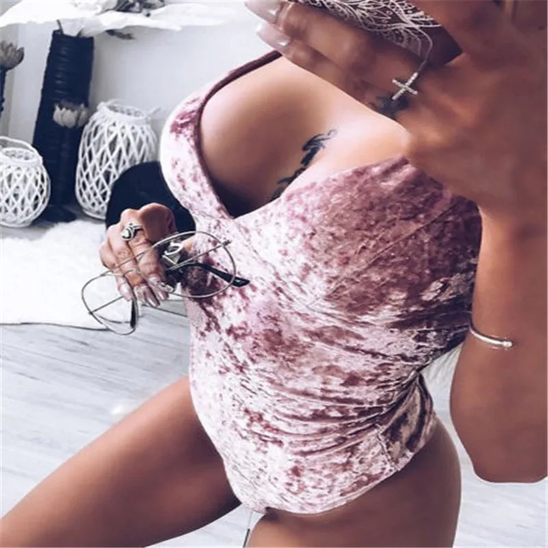 2018 New Sexy Womens Crushed Velvet V Neck Sleeveless Straps Bodysuit Leotard Vest Tops Jumpsuit Female Women Clothes