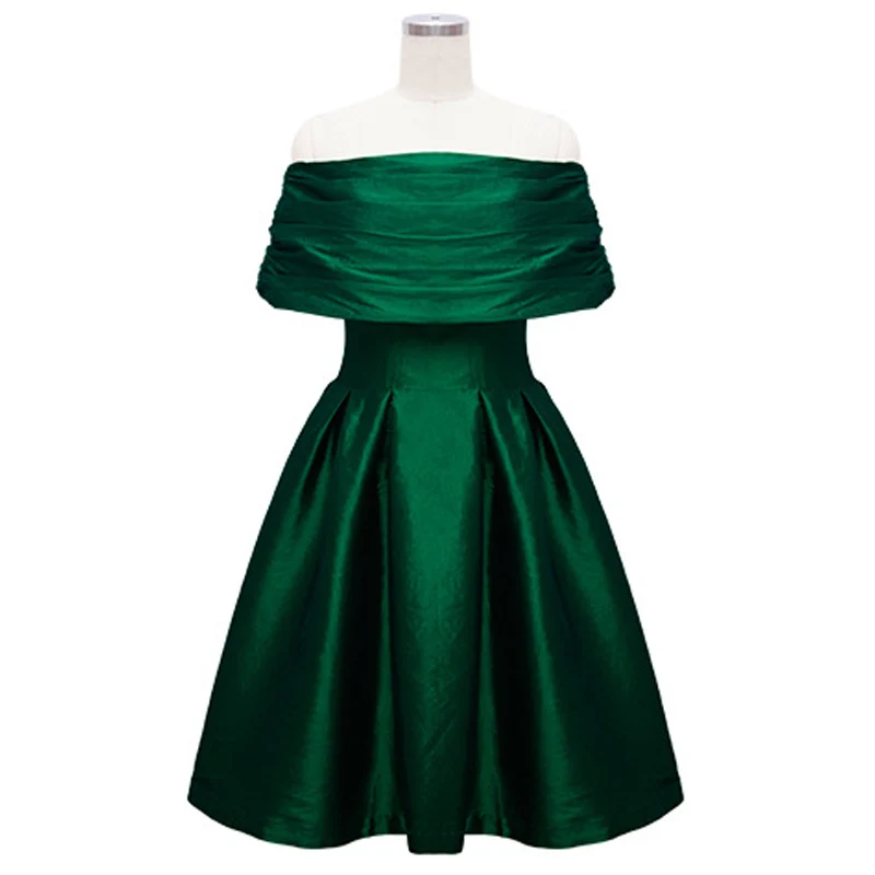 Металлическое изумрудно-зеленое бальное платье, элегантная одежда, женские осенние платья с открытыми плечами, Драпированное, длиной до колен, сексуальное атласное платье