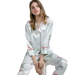2018 шелк атлас женская ночная Пижама комплекты с отложным воротником шелковые пижамы Комплект топ с длинными рукавами + штаны 2 шт. d124-013