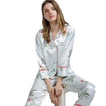 

2018 Silk Satin women's nightwear pajamas sets with turn-down collar silk Sleepwear Set Long Sleeve Top+Pant 2 Pieces D124-013