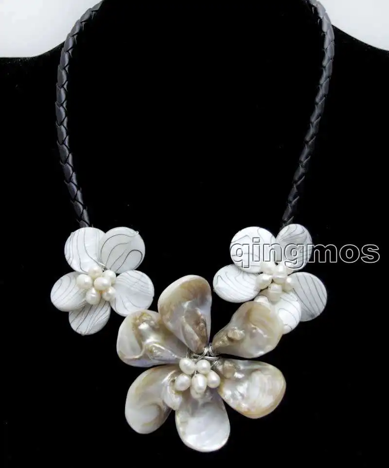 

Big 1 piece 70mm and 2 piece 50mm White Shell Flower and Natural Pearl pendant Black 6mm Rope 18'' Necklace-nec6337 Free ship