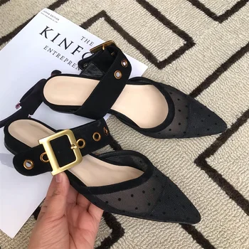 

2019 summer fashion women's slippers comfortable and breathable pointed buckle decorative sandals black female slippers