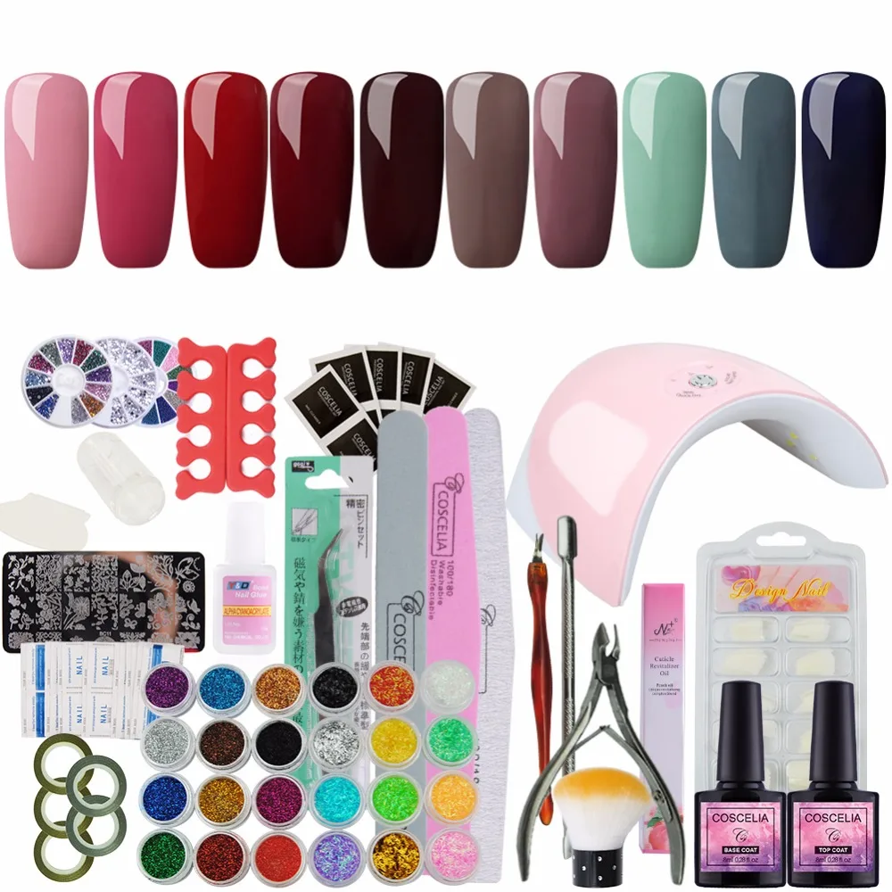 

COSCELIA Practice Nail Gel Tools Set 36W UV Led Lamp Nail Dryer Soak Off 10 Color UV Gel DIY/Salon Nail Art Base Top Coat In Set