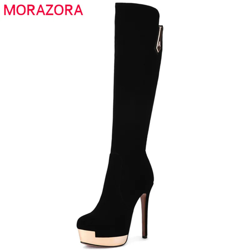 MORAZORA/флоковые однотонные сапоги до колена на молнии; сезон осень-зима; сапоги на платформе; женская обувь на высоком каблуке; Модная элегантная женская обувь