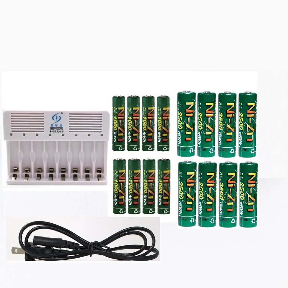 16Pcs(8AA+8PSAAA)1.6v aa 2500mWh rechargeable battery nizn Ni-Zn rechargeable battery + 8 slots aa aaa NiMH NiZn smart charger