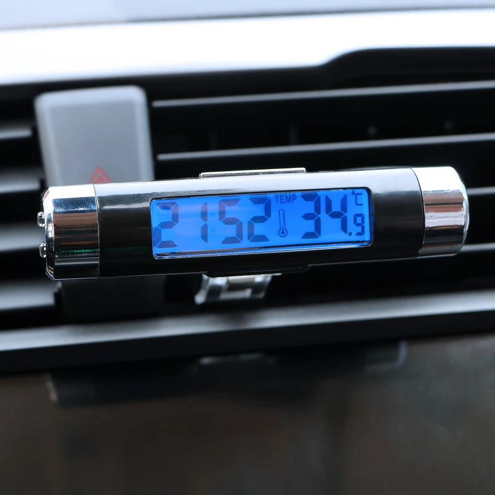 2 in 1 Air Vent Clip Car Clock Thermometer Blue Backlight Car Styling