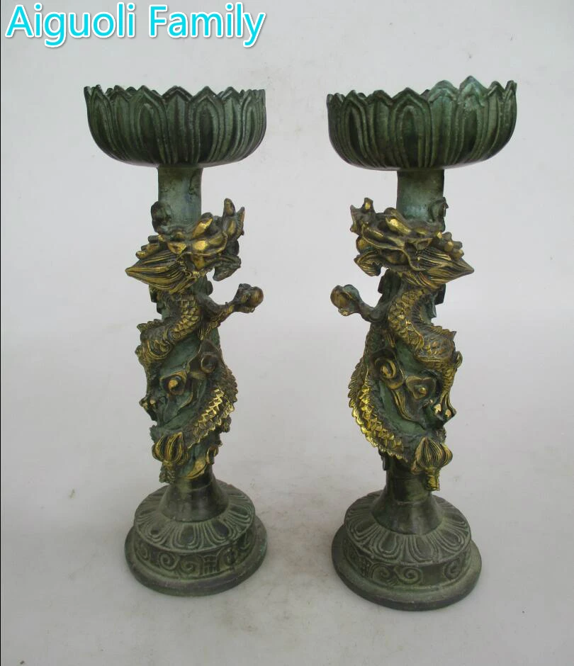 Rare 1 Pair Chinese Old Bronze Carved Dragon Candle Stickin Candle