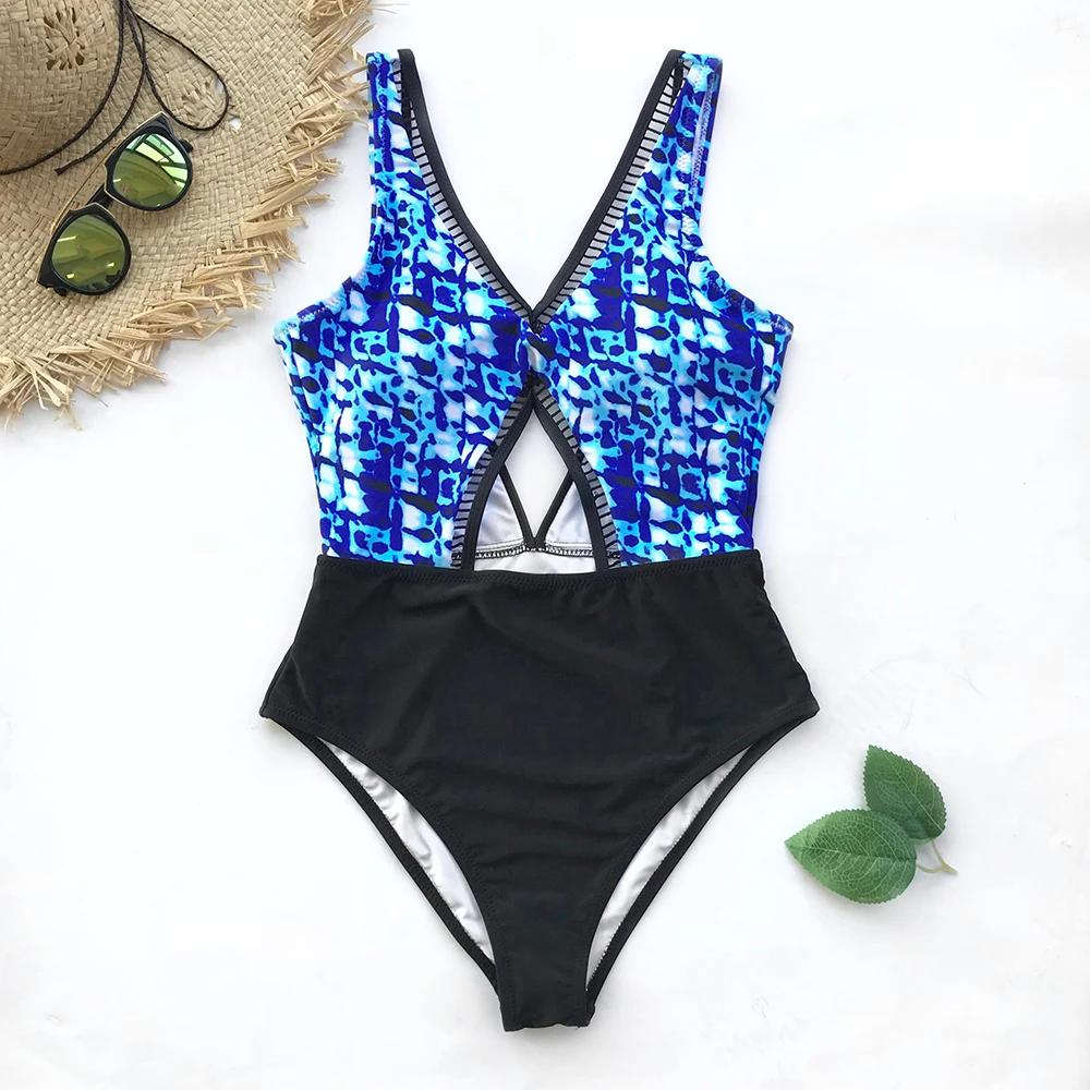 

CUPSHE Blue Danube Tie-dye One-piece Swimsuit Cutout Bikini Set Deep V neck Summer Sexy Ladies Beach Bathing Suit Swimwear