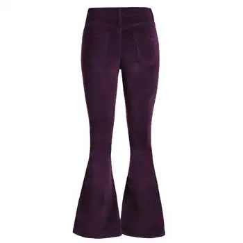 Purple Red Green Vintage Velvet Flare Pants Women Casual Wide Leg Pants for Winter Autumn 2019 Slim Fitted Flare Long Trousers