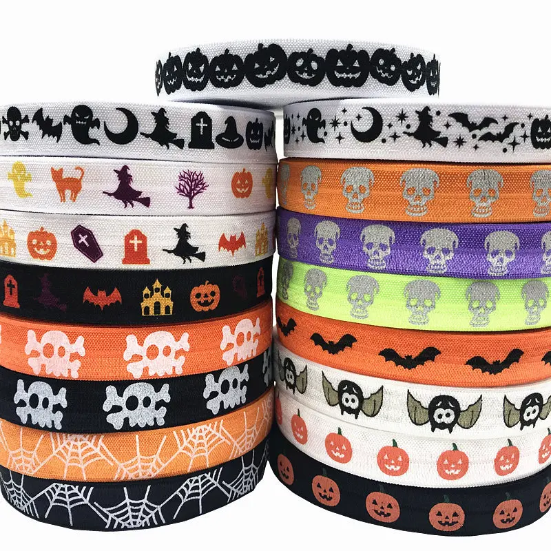 

Pumpkin Bat Skull Castle Print Fold Over Elastic 5/8" Halloween FOE Ribbon for DIY Headwear Hair Accessories 10yard/lot