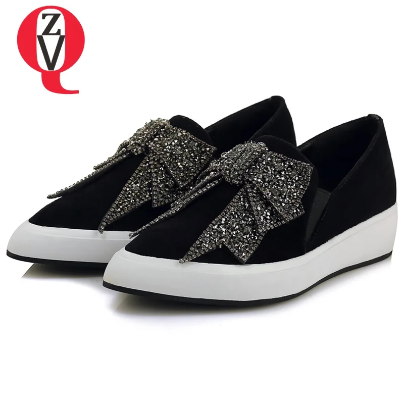 

ZVQ women good quality flat shoes real sheep suede upper pointed toe wedges platform tone bowtie footwear fashion walking shoes