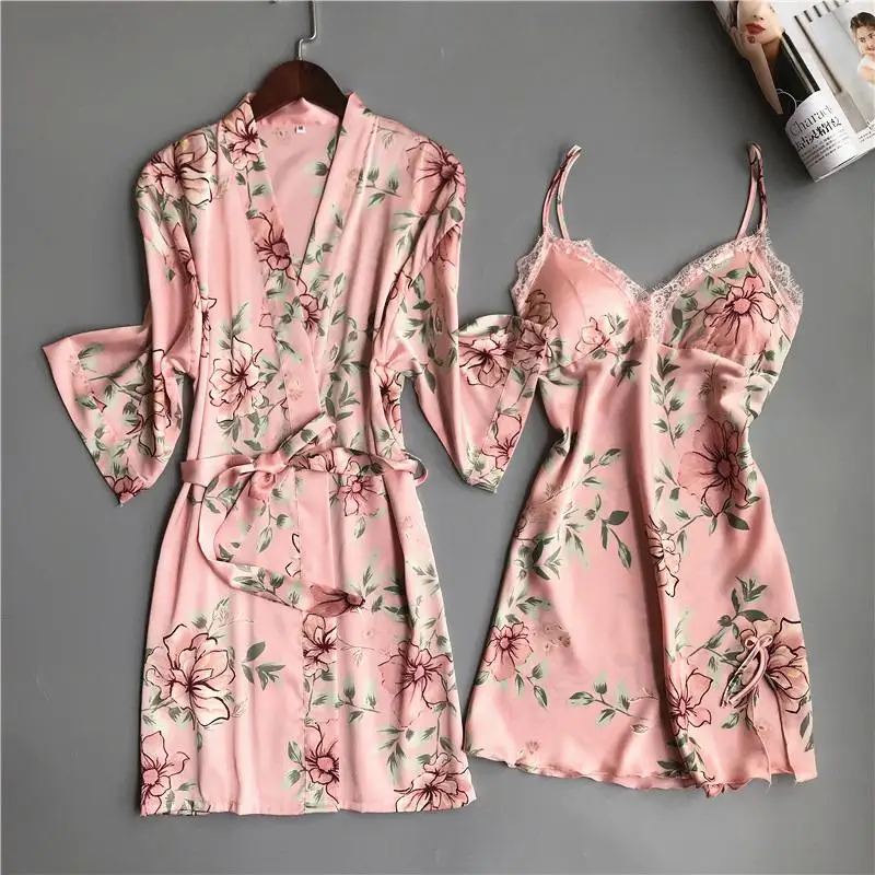 Розовая женская домашняя ночная рубашка, комплект из 4 предметов: топ на бретелях и штаны, пижама комплекты одежды для сна, сексуальное весеннее кимоно халат Bathrobe - Цвет: E - 3