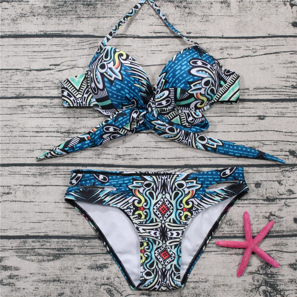 

Sexy Bikini Secret Women Swimsuit Push Up Swimwear Criss Cross Bandage Halter Bikini Set Blue Printed Beach Bathing Suit 7304