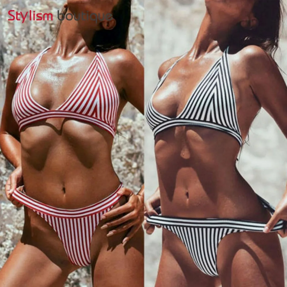 

Stylism Boutique Striped Bikinis Set Sexy Swimsuit Women Swimwear Triangle Bikini Bathing Suits Swimming Wear Beachwear