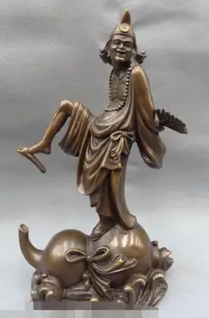 

Free shipping S03227 11" Chinese Pure Bronze FengShui Fo JiGong Chai Gong Fan Arhat Statue Flly Gourd