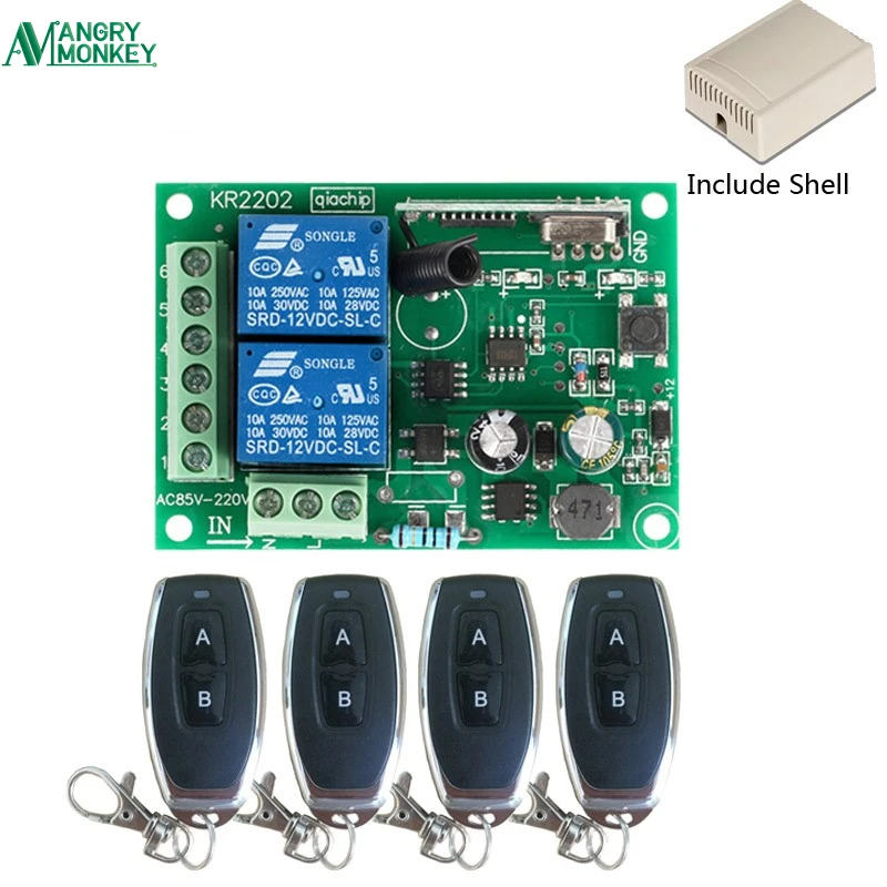 

433Mhz Universal Wireless Remote Control Switch AC 250V 110V 220V 2CH Relay Receiver Module and 4pcs RF 433 Mhz Remote Controls