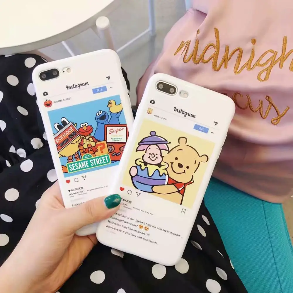 

Lovely Insta Pos Winnie Elmo Cartoon Phone Case White TPU Soft Cover Casing For iPhoneX 8 5.5 6s 7plus Skinny Shell Protection