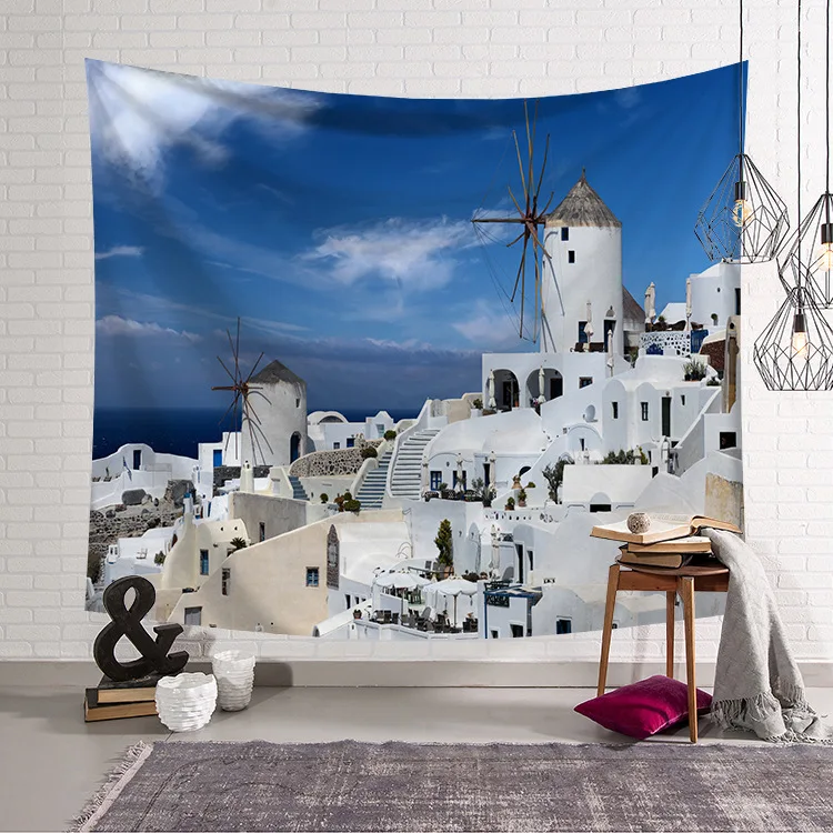 

CAMMITEVER Greece Blue White Town European Culture Holiday Tapestries Beautiful Scenery Hippie Wall Hanging Tapestry Home Decor