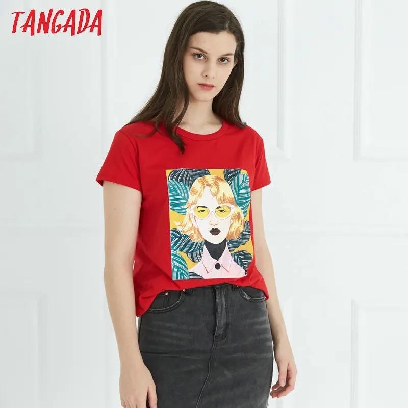 

Tangada fashion character print red T-shirt short sleeve casual top tee female O-neck shirts for summer JN168