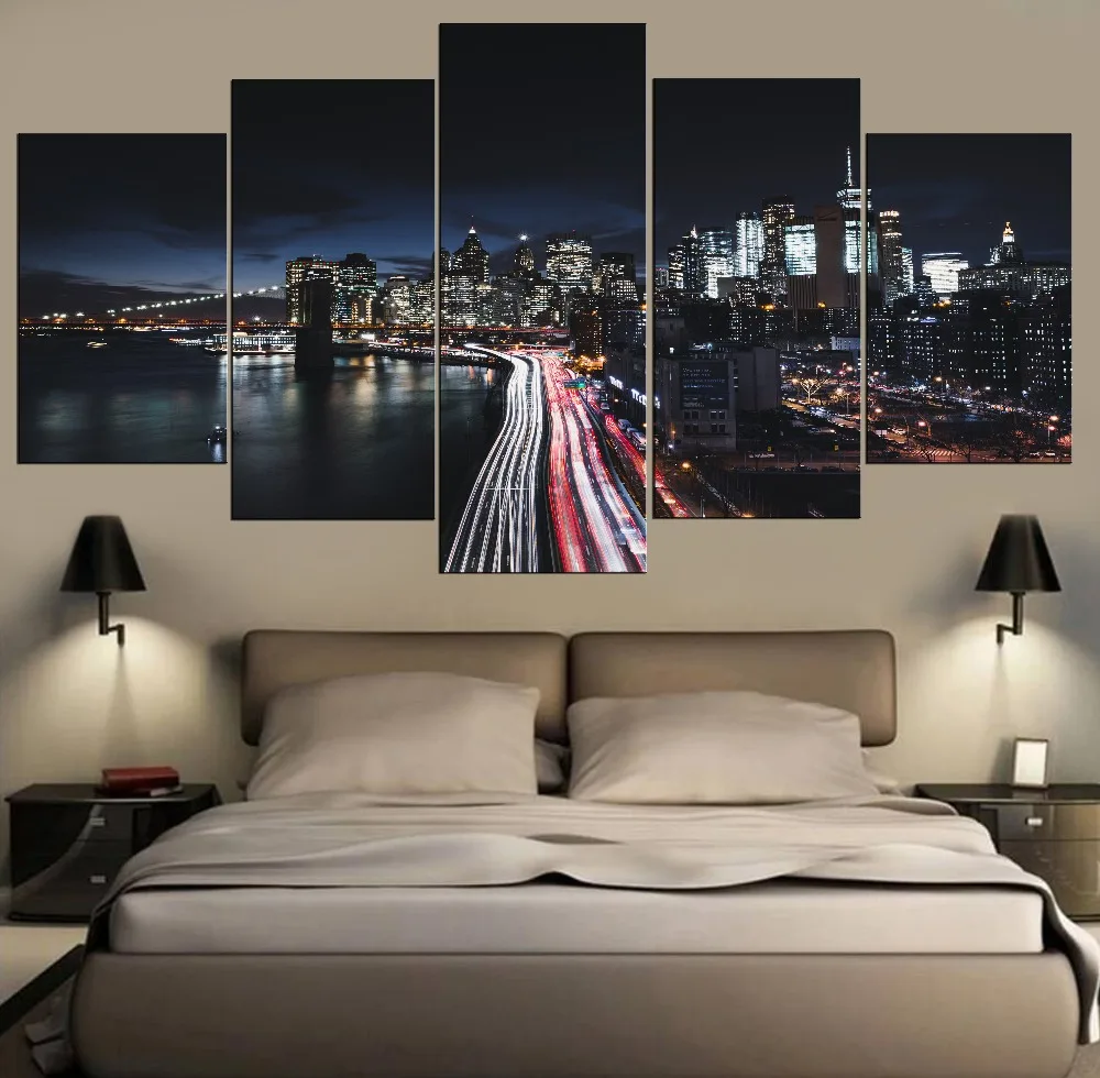 Us 5 72 48 Off 5 Piece Manhattan New York City Modern Cityscape Skyline Night Traffic Canvas Painting Hd Print Home Decor Living Room Artwork In