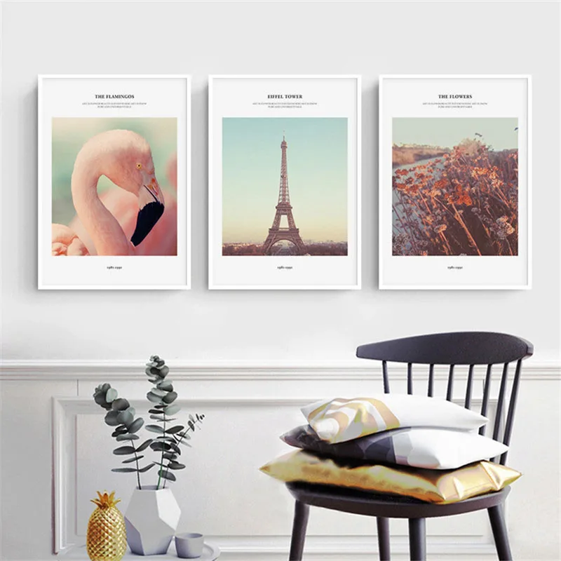 

HAOCHU Nordic Vertical Wall Picture Nostalgia Flamingo Tower Landscape Personality Home Mural Decorative Painting Canvas Artwork
