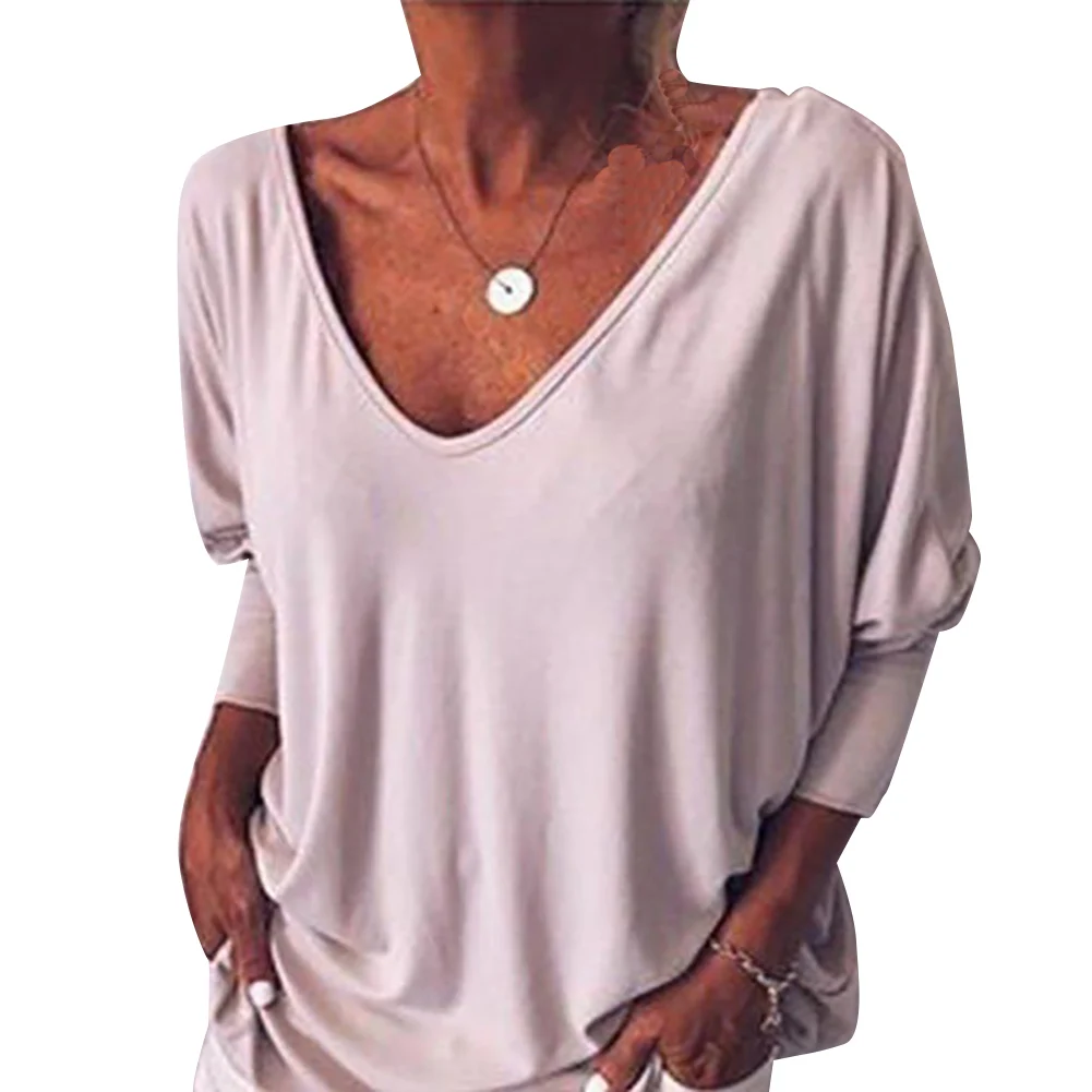 

Casual Solid Spring Summer Women T Shirt Comfortable Daily Wear Cool Deep V Neck Back Button Oversized Loose Home Bat Sleeve