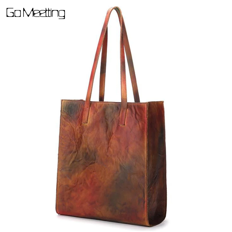 

Vintage genuine leather women handbag large capacity handmade first layer of cowhide casual shopping bag Shoulder Bag Handbags