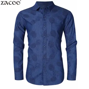 

Zacoo Men's Slim Fit Long Sleeve Denim Shirt Pineapple Print Hawaiian Shirts Slim Fit Shirts Men's Casual Hawaiian Shirt Camisa