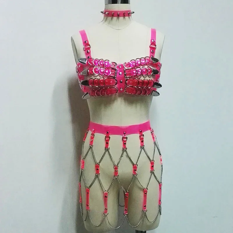 

100% Handcrafted Neon Pink Spiked Choker Collar Harness 4 Row Caged Crop Top Bra Vinyl PVC Bondage Belt Waist Skirt Dress Chains