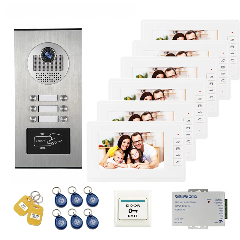 

JEX Video Door Intercom 7 Inch Video Door Phone Video Doorbell System with RFID Access Door Camera For 6 Unit Apartment