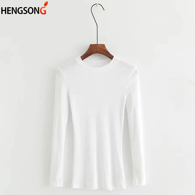 Simple Solid Color Female T-Shirt Women Crew Neck Ribbed Long Sleeve Slim Fit Crop T-shirt Crop Tops