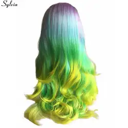 Sylvia длинное тело волны волос парики синтетический парик для Для женщин вечерние праздничные фиолетовый Ombre зеленый синий желтый 4 тона