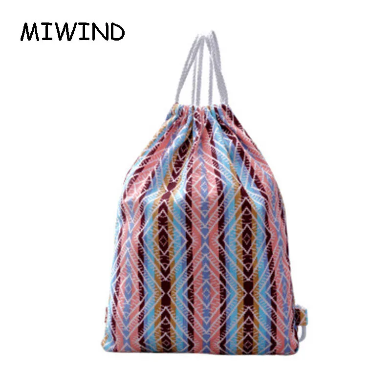 Canvas Backpack Ladies Simple String Ethnic Stripe Geometric Print Casual Back Pack DIY Strap Drawstring Women Bag | Багаж и сумки
