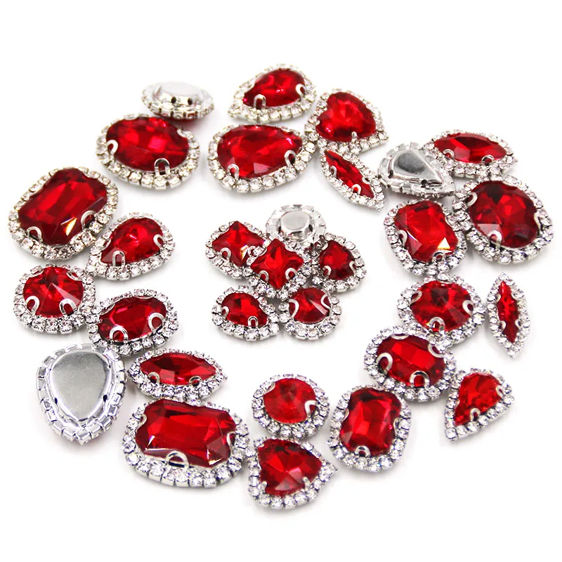 

New style Red mixed shape glass strass rhinestones claw setting sew on flatback crystal button for clothing/wedding decoration