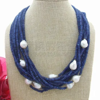 

N060210 10 Strands 18mm Keshi Pearl Blue Faceted Stone Necklace