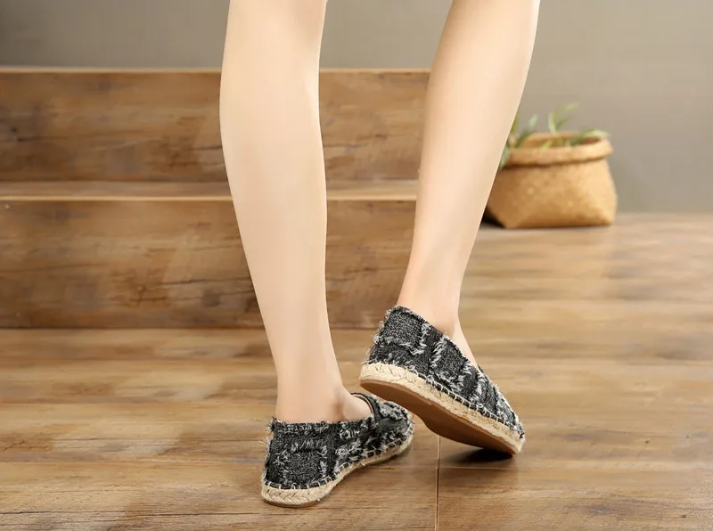 Retro Ladies Womens Casual Espadrilles Shoes for Female Straw Flat Canvas Fisherman's Hemp Rope Bottom Women's Shoes White Black (11)
