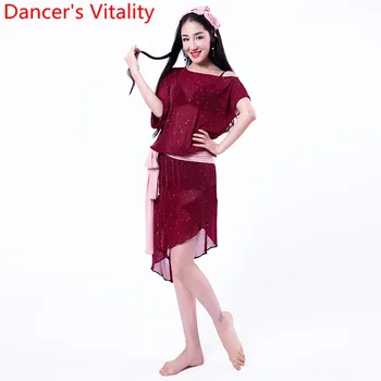 

Women Oriental Indian Belly Dance Practice Clothes Sexy Perspective Dress Headband Belt 3pcs Set Performance Costume Garments