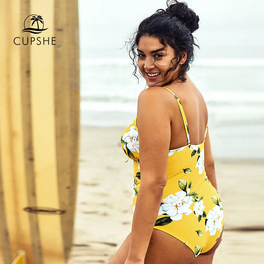 Online CUPSHE Plus Größe Gelb Floral Print Spitze Up Ein Stück Badeanzug Frauen Sexy Hohe Taille 2020 Mädchen Badeanzüge