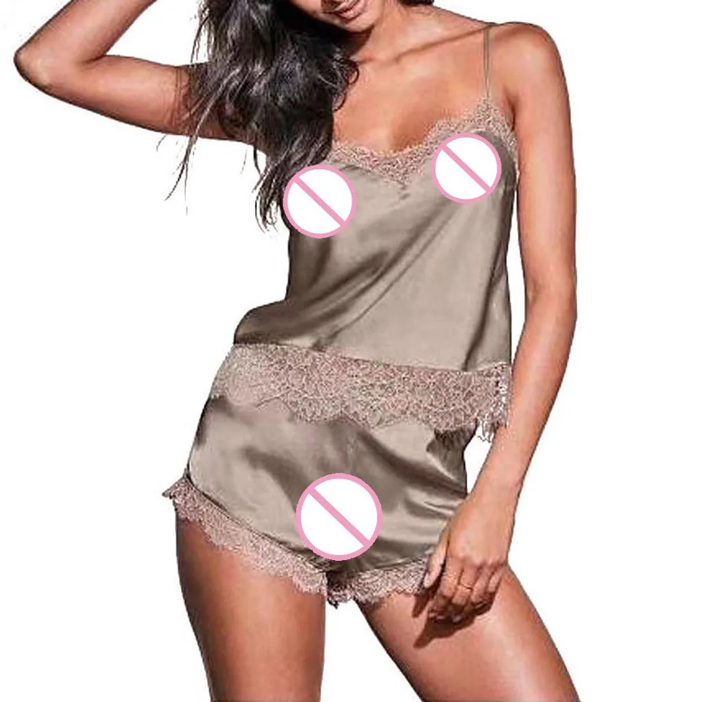 

2019 new hot sale high quality summer Ladies Sexy Satin Silk Sleepwear Babydoll Lingerie Nightwear 2Pcs Pyjamas Suit